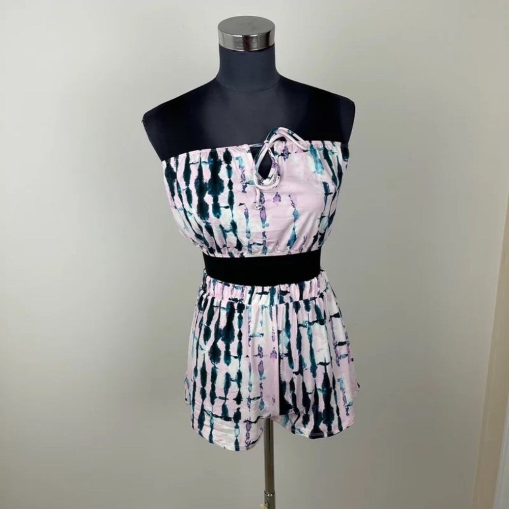 Multicolor Two Piece Tie Dye Bandeau Top and Tie Dye Short Set